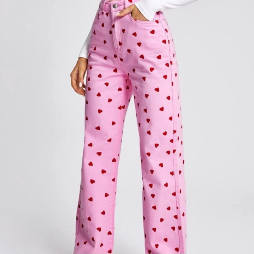 High Waist Heart Print Jeans